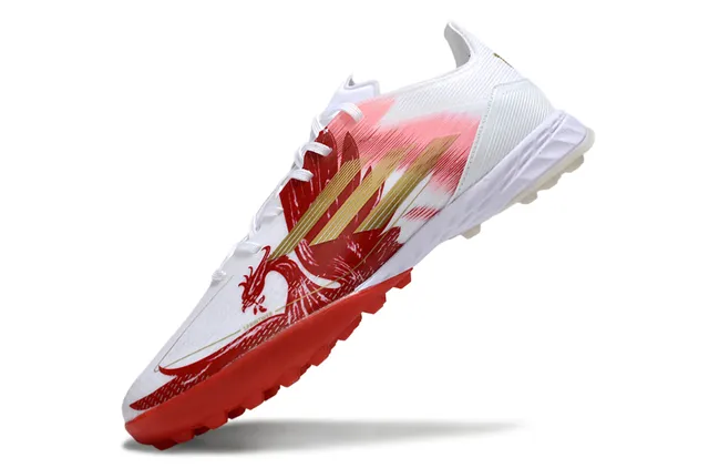 Adidas Branco Vermelho Baixo Corte Superior Sintético Lacing Assimétrico Gramado Artificial Sapatos de Futebol 3