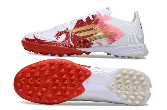 Adidas Branco Vermelho Baixo Corte Superior Sintético Lacing Assimétrico Gramado Artificial Sapatos de Futebol 6