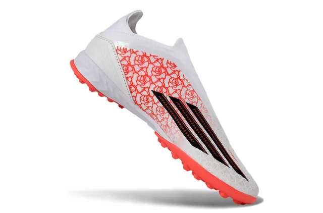 Adidas X सफेद नारंगी बिना लेस के सॉक-फिट अपर रोज प्रिंट ओवरले टर्फ फुटबॉल जूते 2