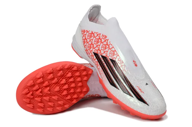Adidas X सफेद नारंगी बिना लेस के सॉक-फिट अपर रोज प्रिंट ओवरले टर्फ फुटबॉल जूते 4