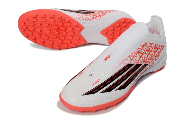 Adidas X सफेद नारंगी बिना लेस के सॉक-फिट अपर रोज प्रिंट ओवरले टर्फ फुटबॉल जूते 5
