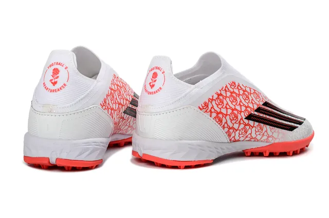 Adidas X सफेद नारंगी बिना लेस के सॉक-फिट अपर रोज प्रिंट ओवरले टर्फ फुटबॉल जूते 6