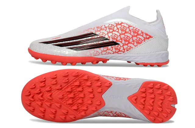 Adidas X सफेद नारंगी बिना लेस के सॉक-फिट अपर रोज प्रिंट ओवरले टर्फ फुटबॉल जूते 7