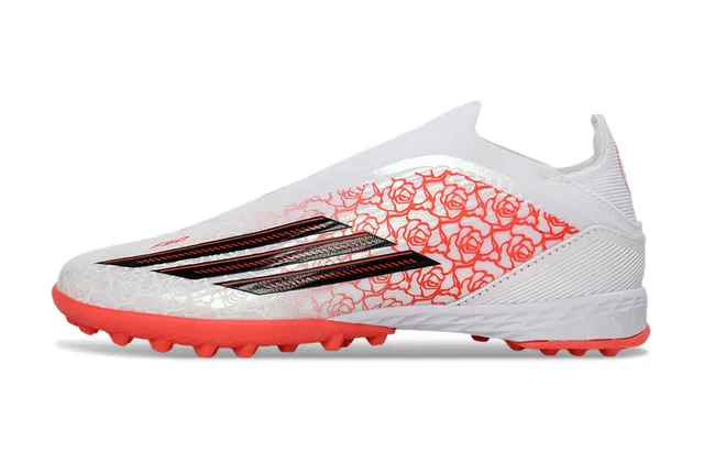 Adidas X सफेद नारंगी बिना लेस के सॉक-फिट अपर रोज प्रिंट ओवरले टर्फ फुटबॉल जूते 8