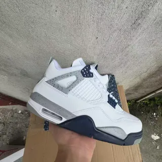 Tênis de basquete Air Jordan 4 branco azul-marinho cinza salpicado