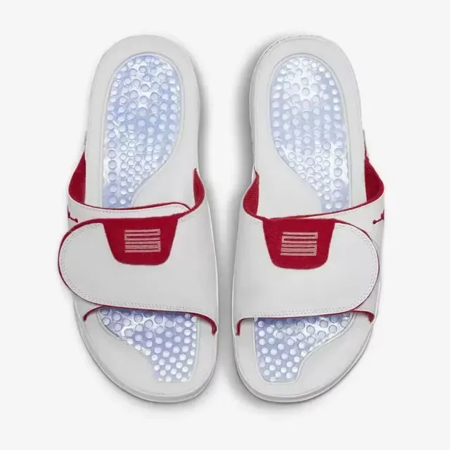 Air Jordan 白红 仿皮革鞋面 纹理橡胶底 拖鞋 9