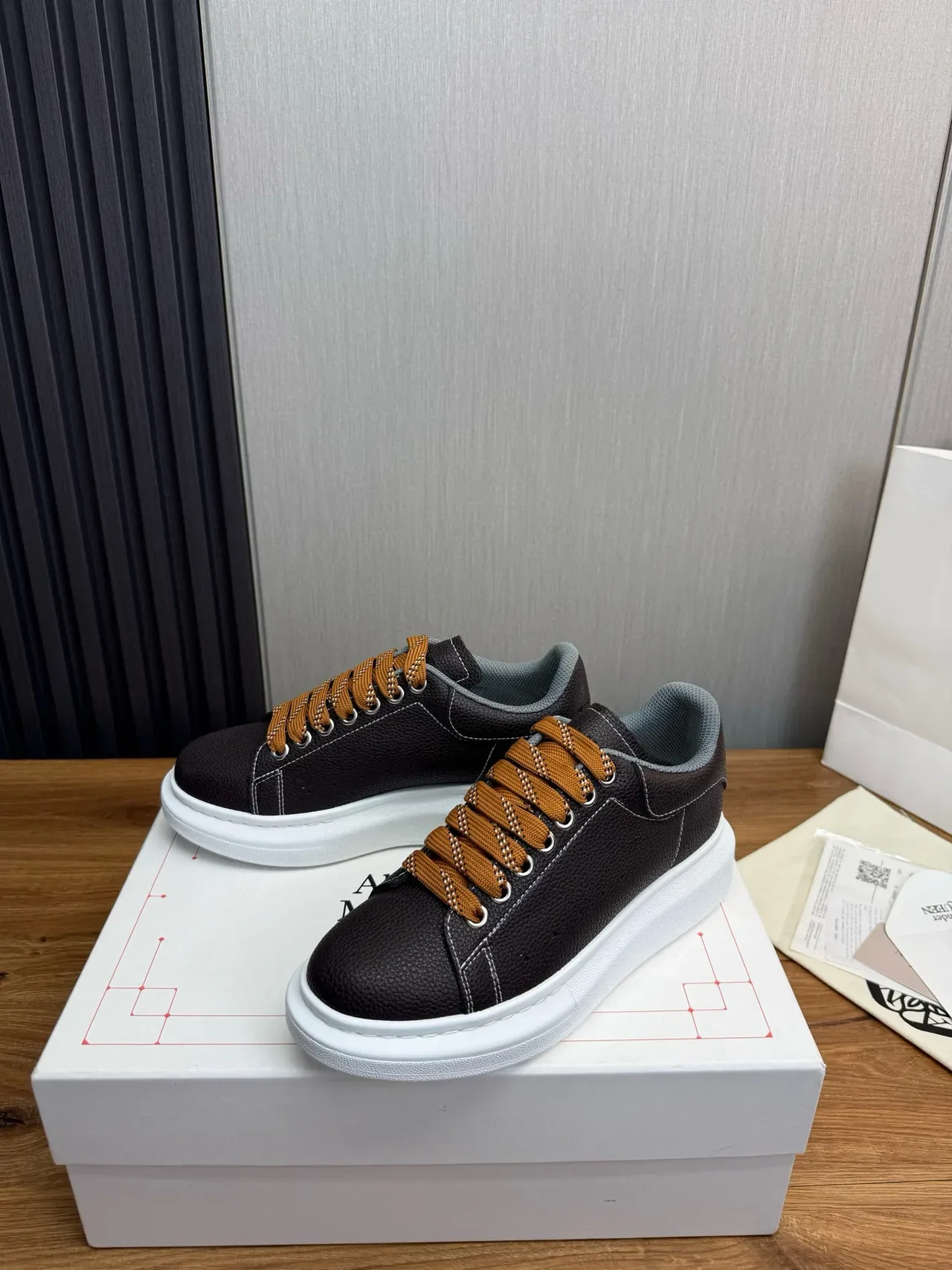 Alexander McQueen Brown Beige Oversized Platform Sole Pebbled Leather Upper Lifestyle Sneakers 3