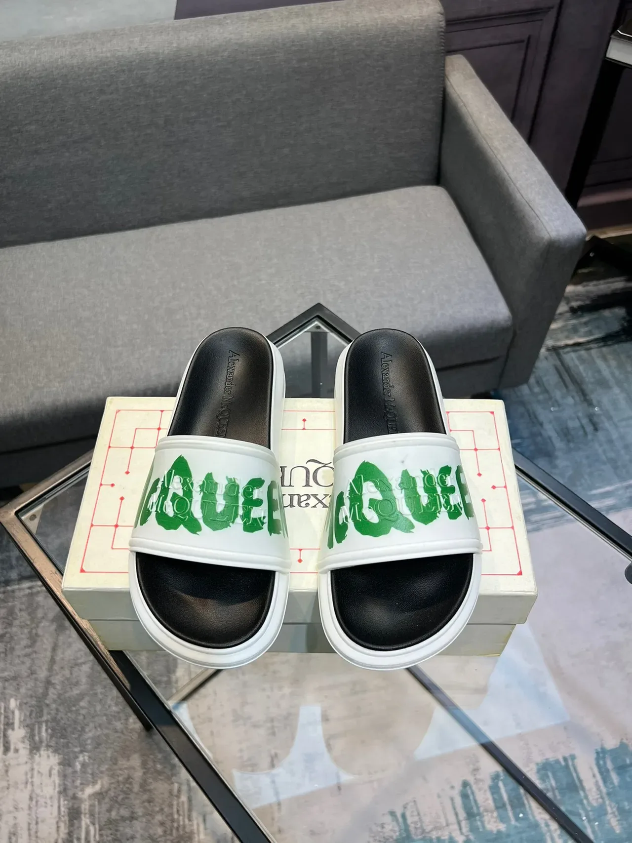 Alexander McQueen McQ Slide White Green Logo Slippers 2