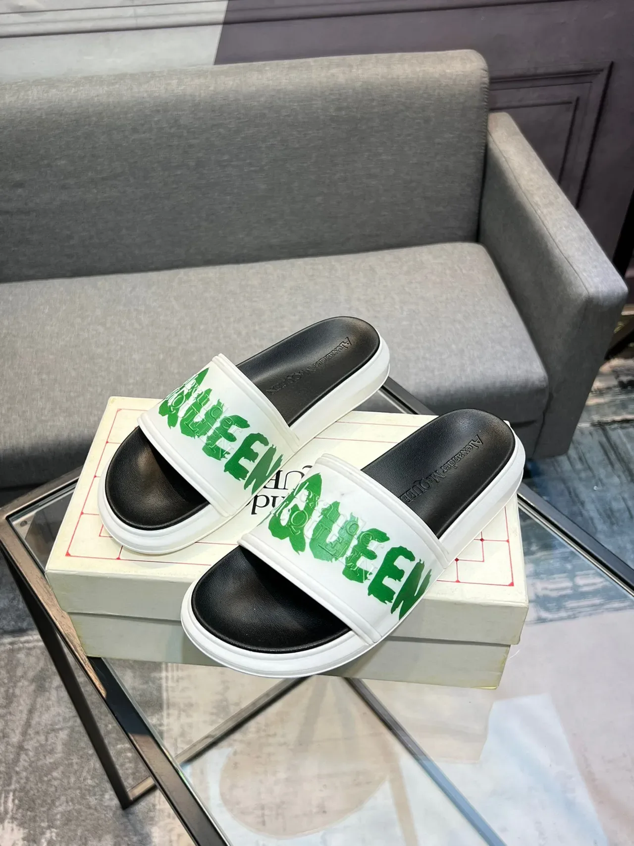Alexander McQueen McQ Slide White Green Logo Slippers 3