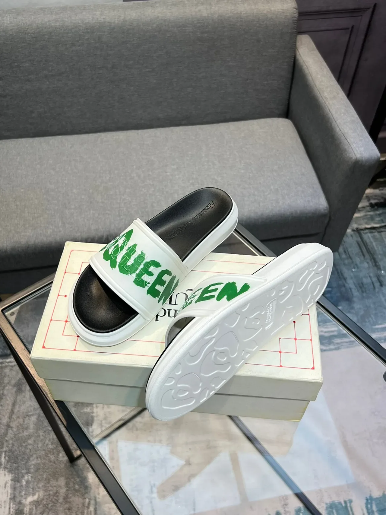 Alexander McQueen McQ Slide White Green Logo Slippers 4