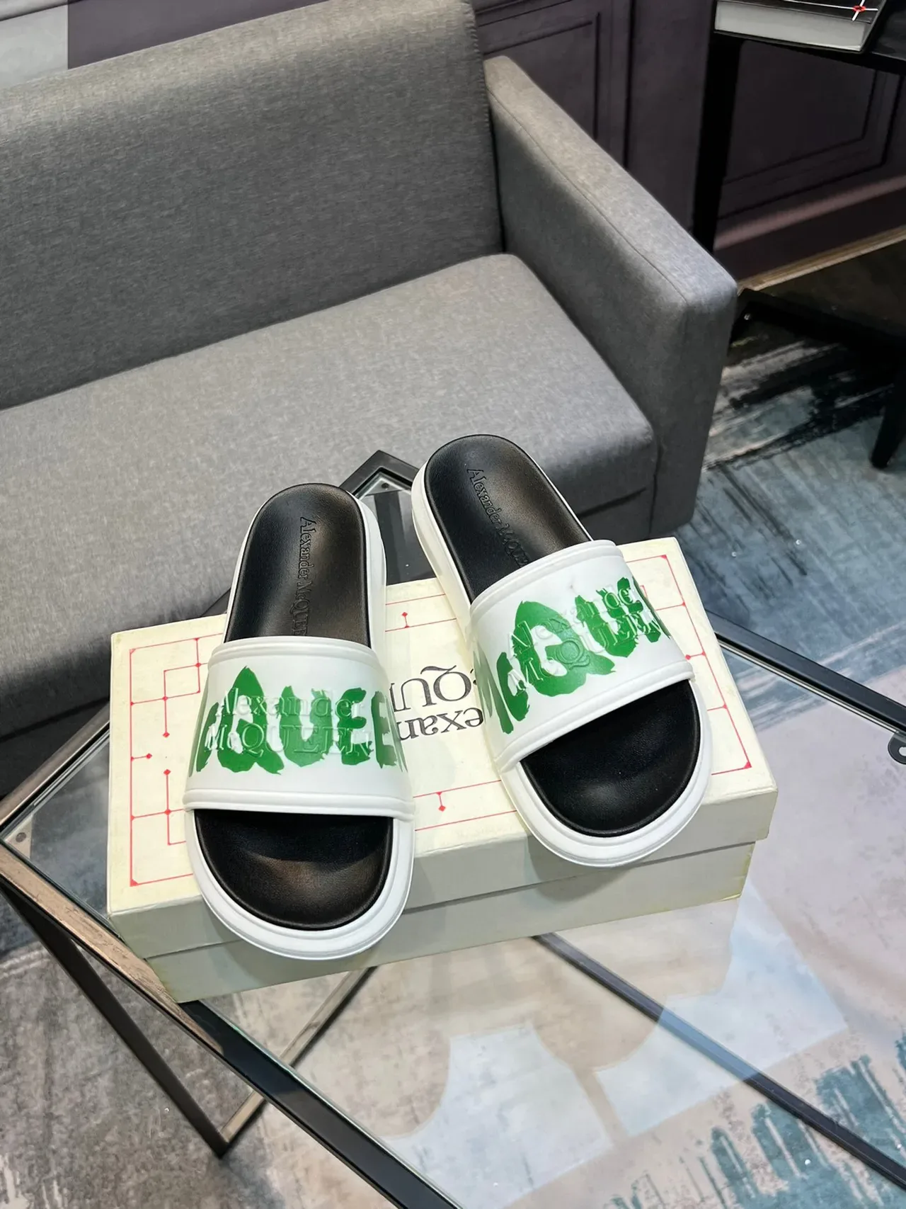 Alexander McQueen McQ Slide White Green Logo Slippers 5