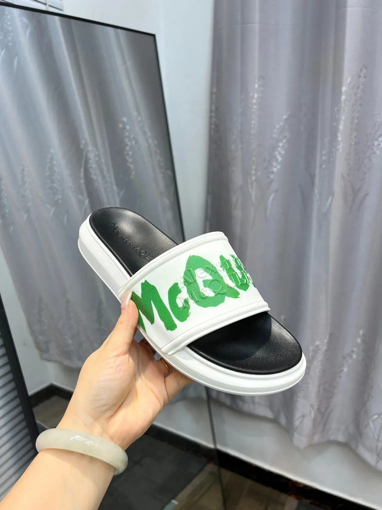 Alexander McQueen McQ Slide White Green Logo Slippers 6