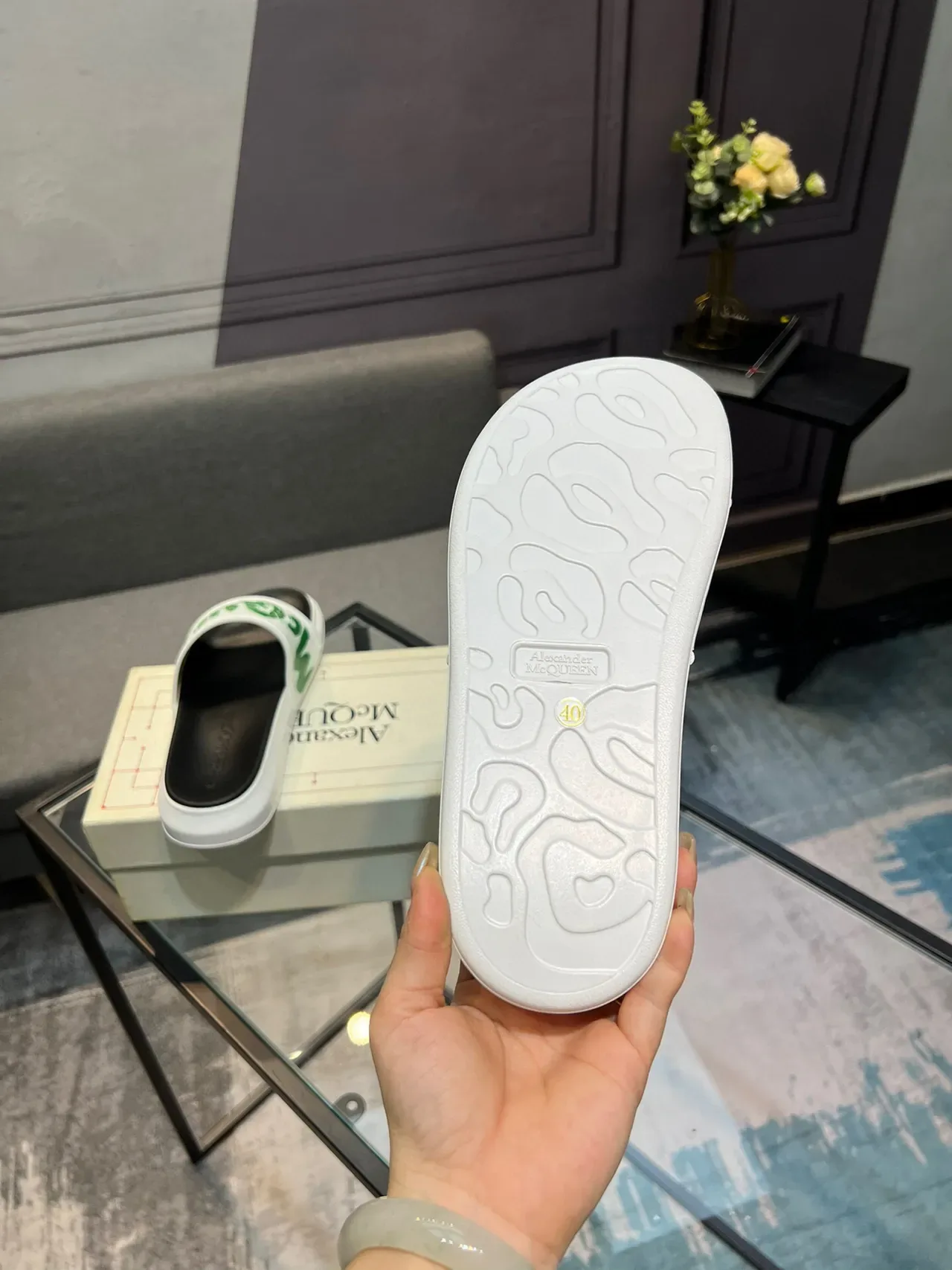 Alexander McQueen McQ Slide White Green Logo Slippers 7