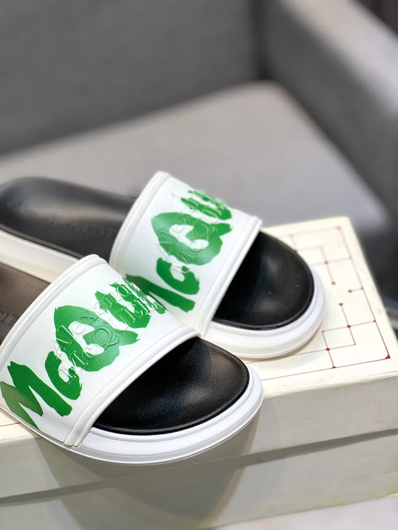 Alexander McQueen McQ Slide White Green Logo Slippers 9