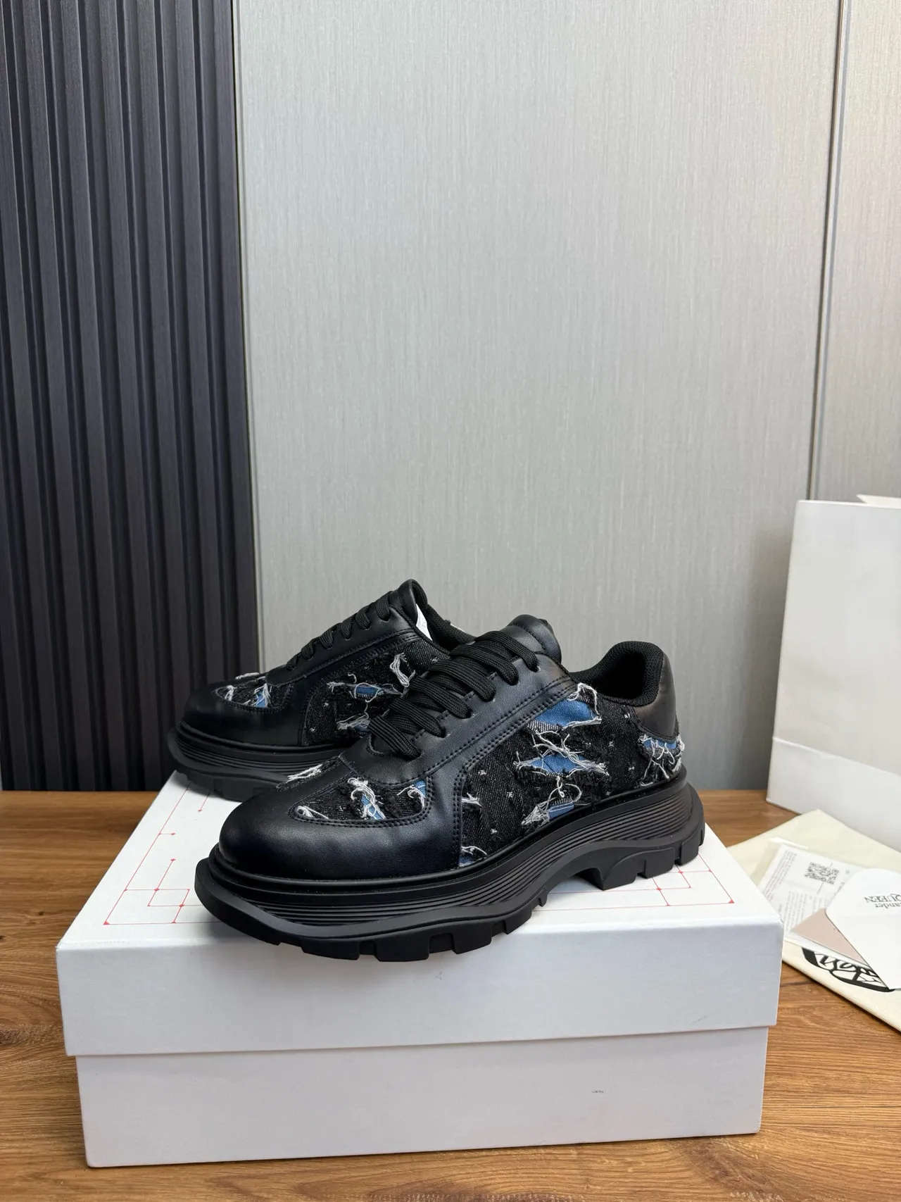 Alexander McQueen Oversized Sneaker Black Blue Sole Deconstructed Denim Panels Chunky Sneakers 3