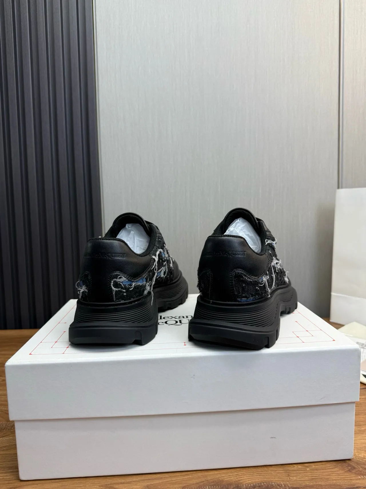 Alexander McQueen Oversized Sneaker Black Blue Sole Deconstructed Denim Panels Chunky Sneakers 4