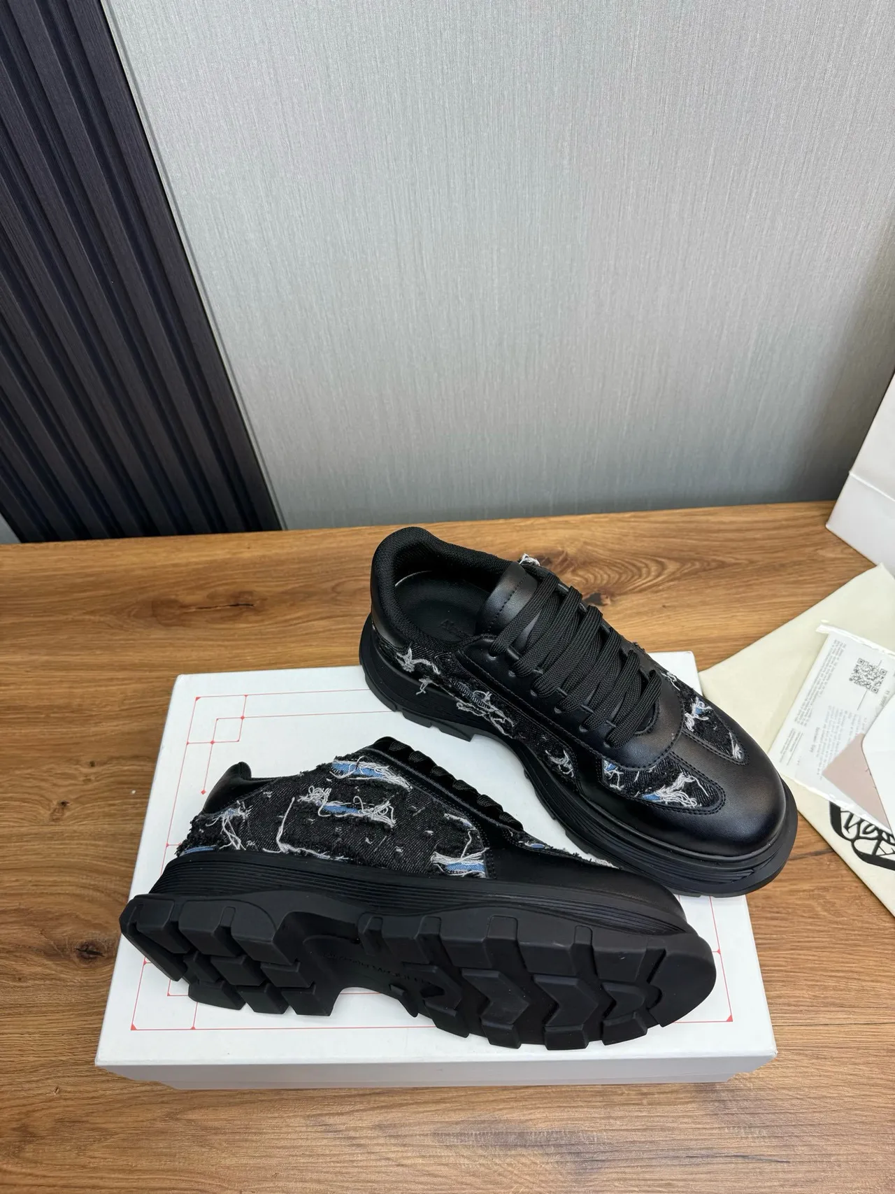 Alexander McQueen Oversized Sneaker Black Blue Sole Deconstructed Denim Panels Chunky Sneakers 5