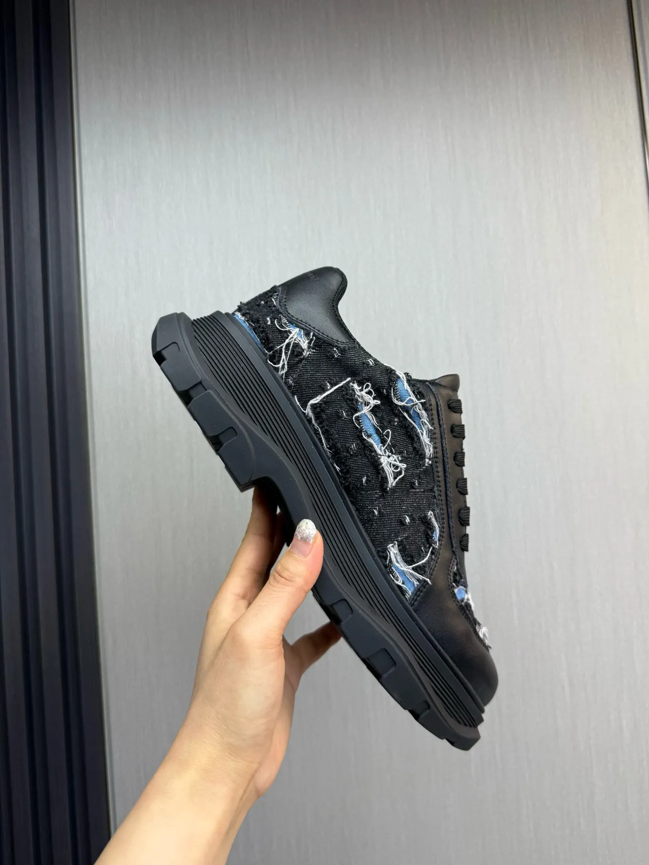Alexander McQueen Oversized Sneaker Black Blue Sole Deconstructed Denim Panels Chunky Sneakers 6