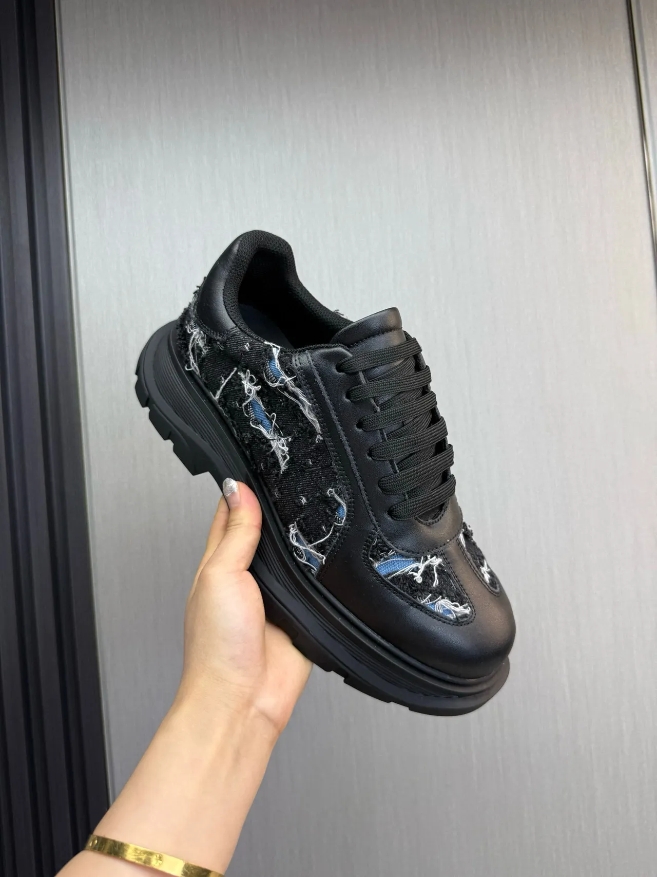 Alexander McQueen Oversized Sneaker Black Blue Sole Deconstructed Denim Panels Chunky Sneakers 7
