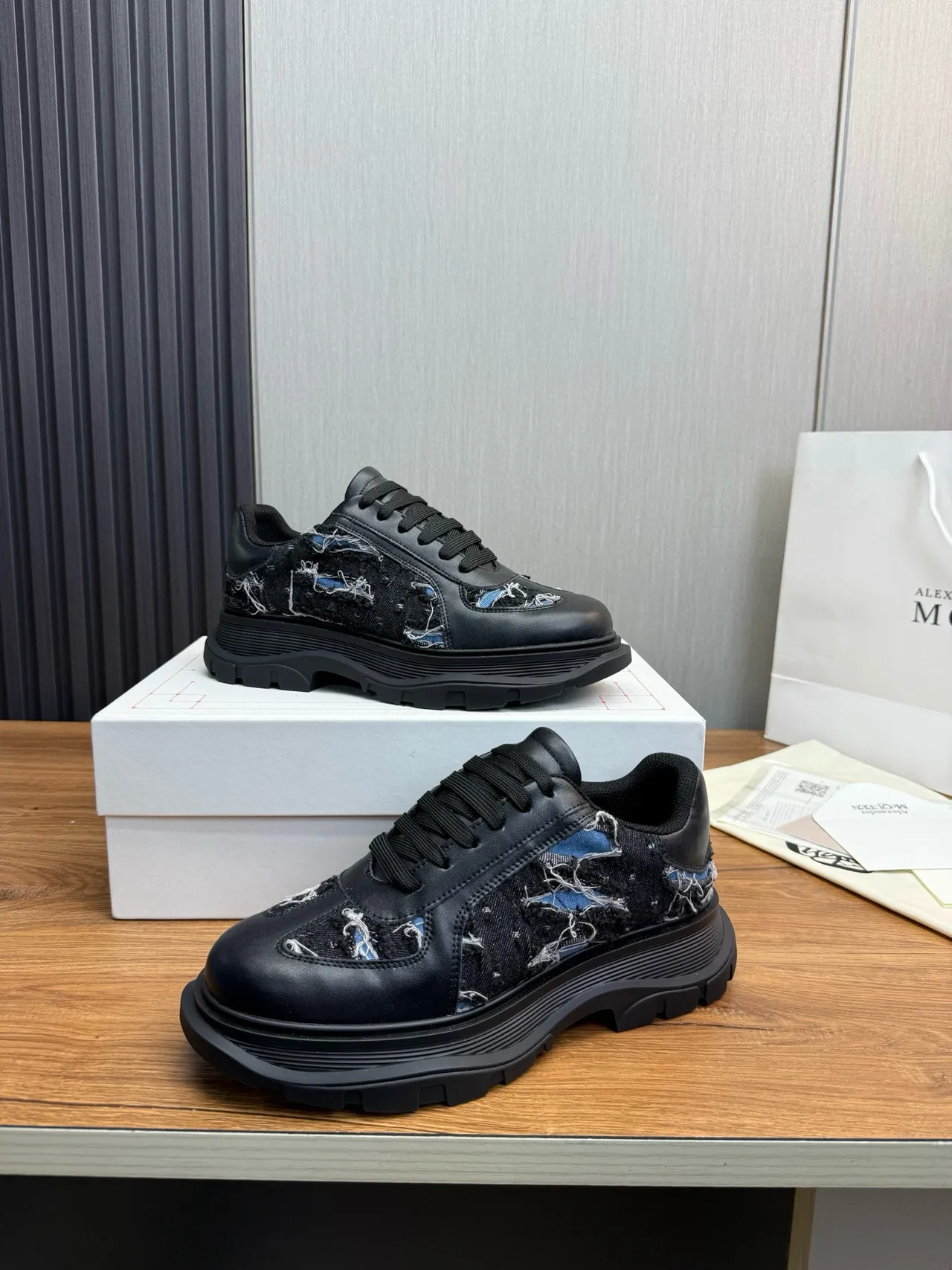 Alexander McQueen Oversized Sneaker Black Blue Sole Deconstructed Denim Panels Chunky Sneakers 8