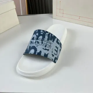 Alexander McQueen White Navy Printed Strap Embossed Logo Slippers
