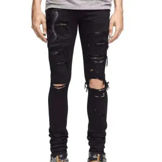 Amiri Negro Beige Desgastado Bordado Cobra Jeans
