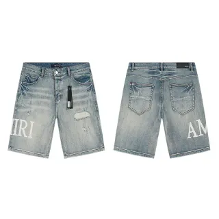 Amiri Logo-Print Distressed Light-Wash Denim Shorts