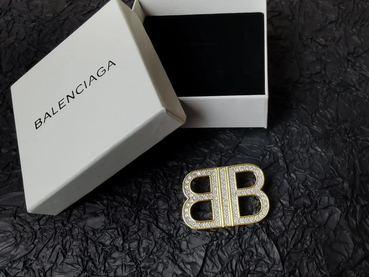 Balenciaga BB Silver Gold Pavé-Crystal Monogram Brooch 2