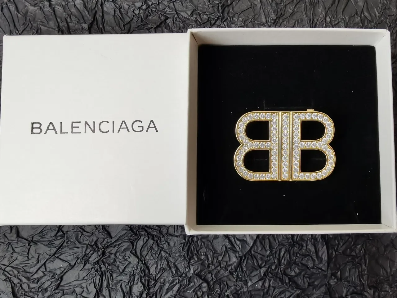 Balenciaga BB Silver Gold Pavé-Crystal Monogram Brooch 3
