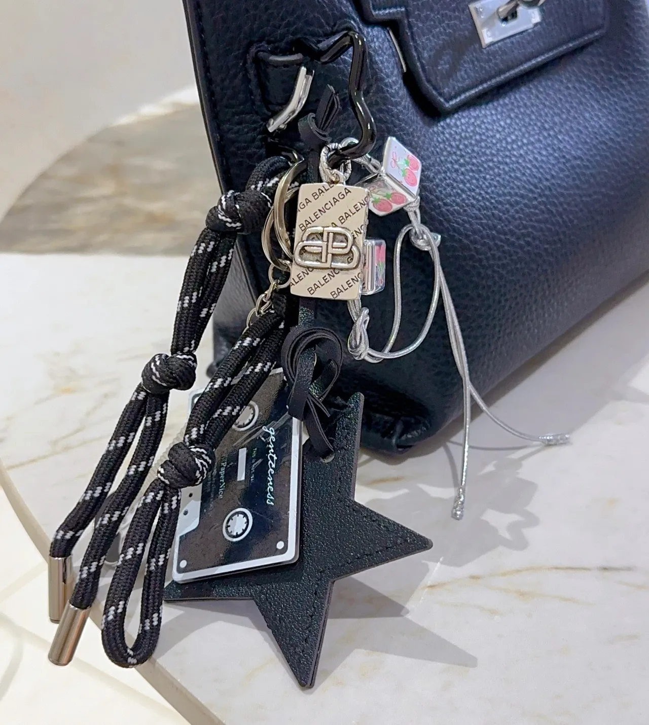 Balenciaga Black Silver Multi-Charm Keychain Rope Cord Phone Accessory 5
