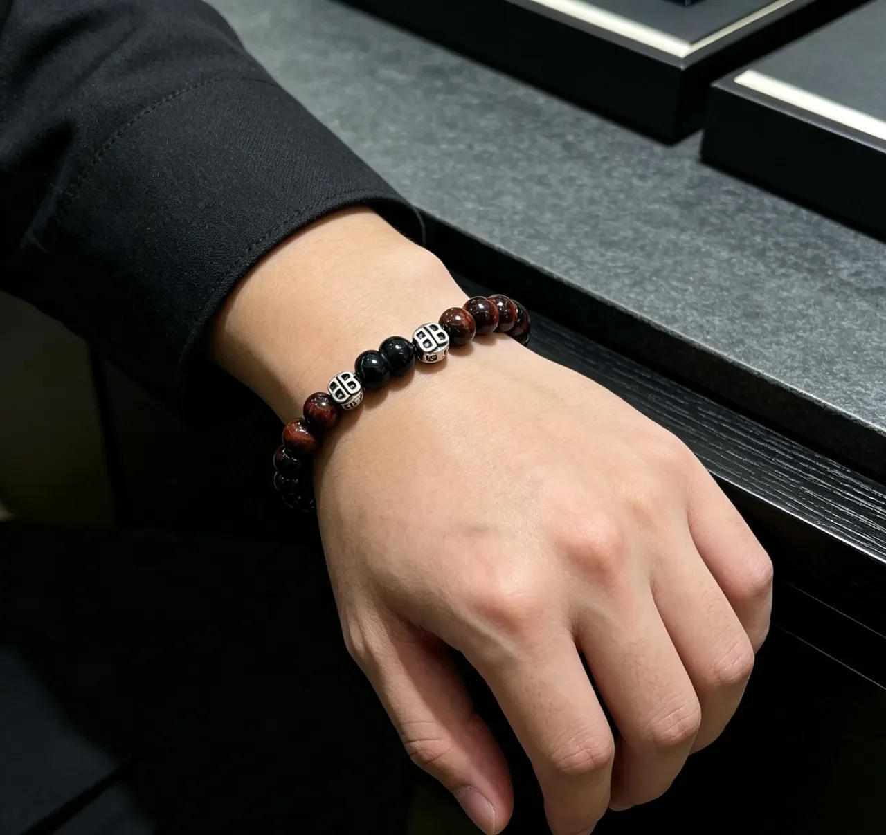 Balenciaga Brown Black Beaded Logo-Charm Bracelet 2