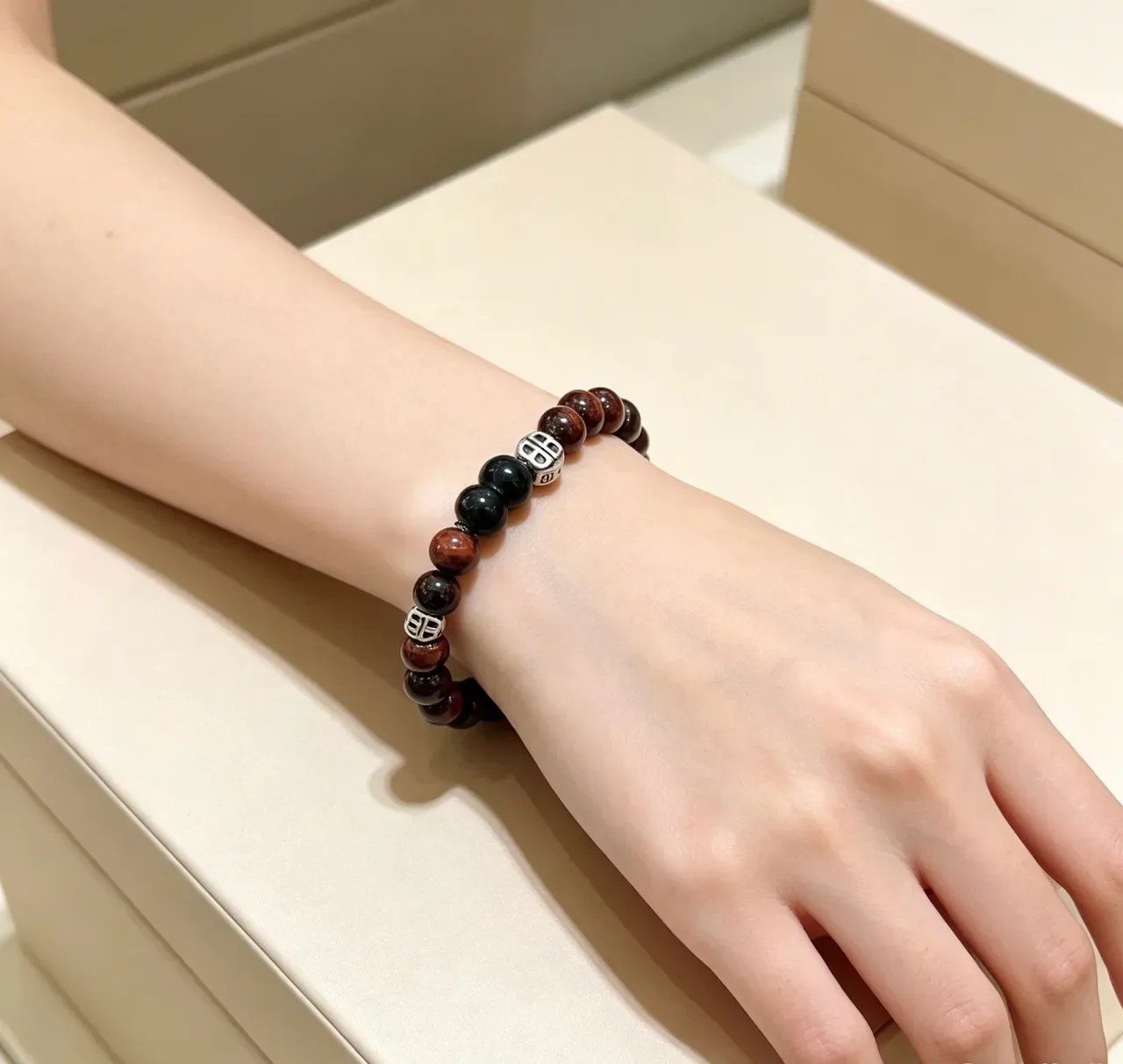 Balenciaga Brown Black Beaded Logo-Charm Bracelet 6