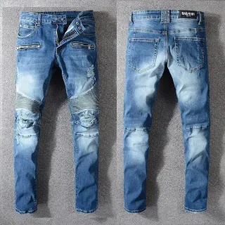 Balmain Moto-Panelled Distressed Blue Jeans