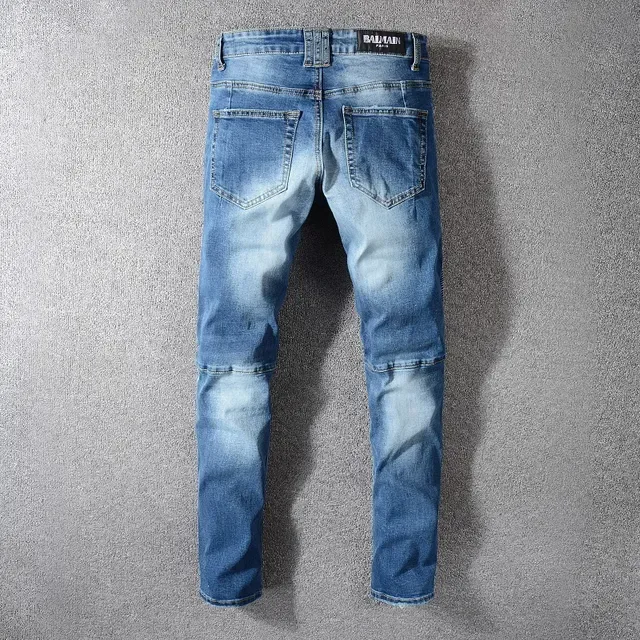 Balmain Moto-Panelled بناطيل جينز زرقاء مهترة 7