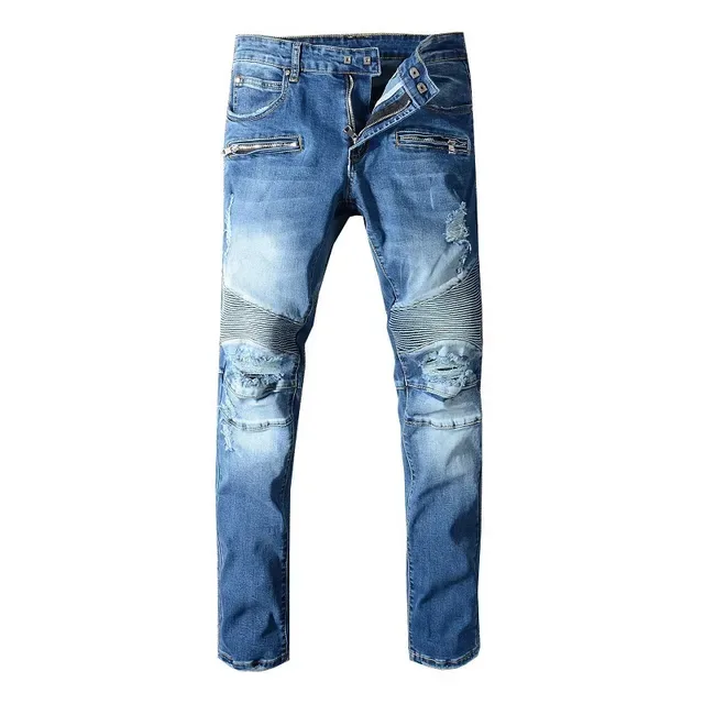 Balmain Moto-Panelled بناطيل جينز زرقاء مهترة 13