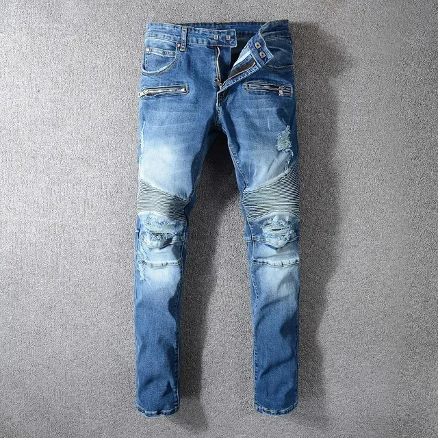 Balmain Moto-Panelled بناطيل جينز زرقاء مهترة 14