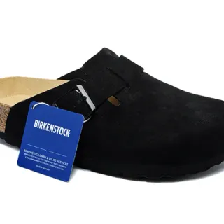 Birkenstock काला भूरा सुड ऊपरी एक पट्टी बकल बंद क्लॉग