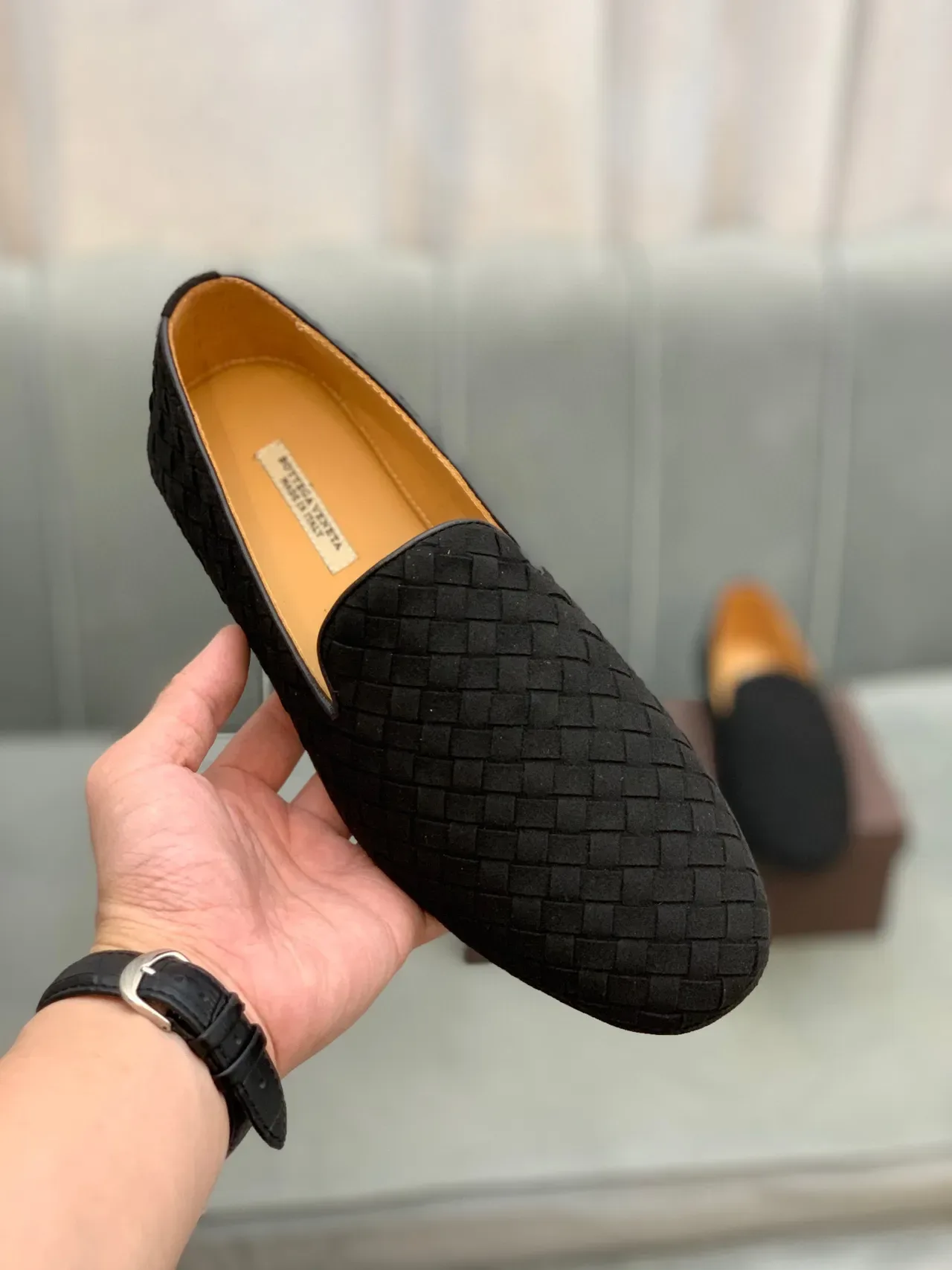 Bottega Veneta Andiamo Noir Beige Cuir Intrecciato Tissé Mocassin Slip-On 5