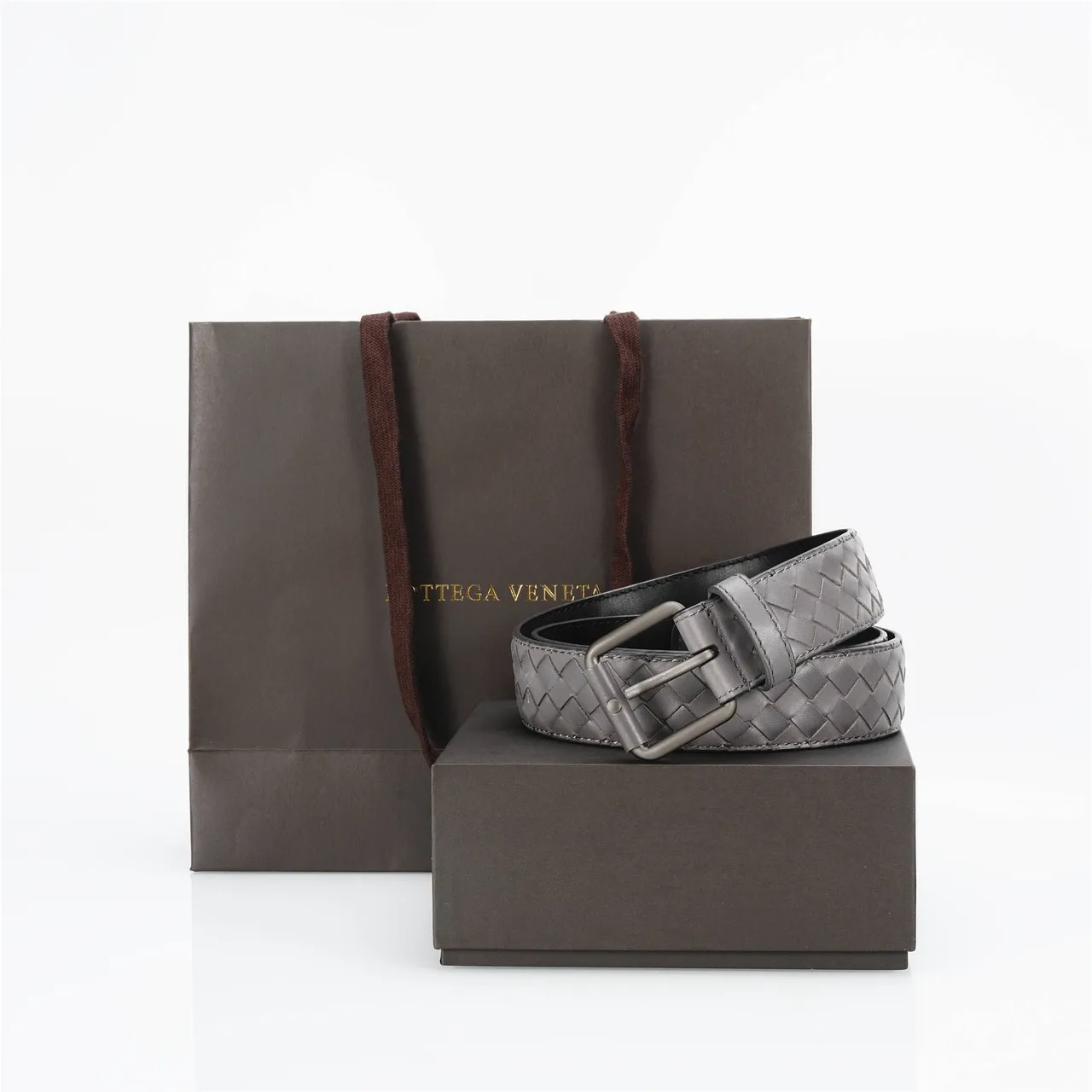 Bottega Veneta Cassette Intrecciato ধূসর চামড়ার বেল্ট 5