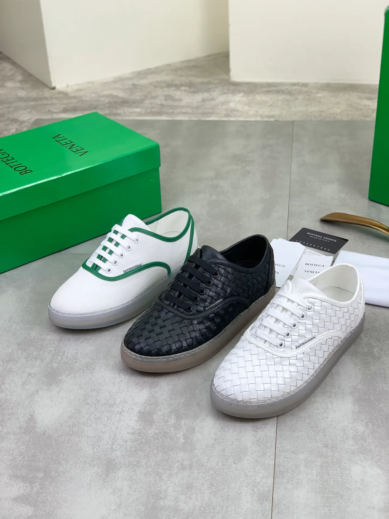 Bottega Veneta White Green Upper Contrast Piping Canvas Shoes 2