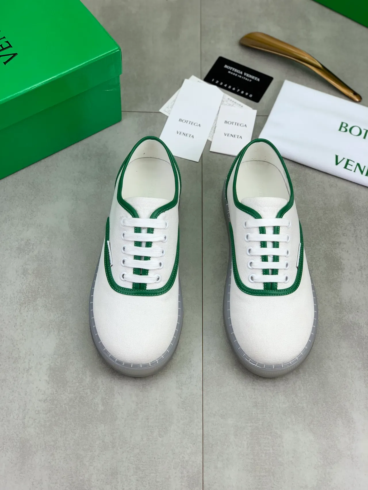 Bottega Veneta White Green Upper Contrast Piping Canvas Shoes 5
