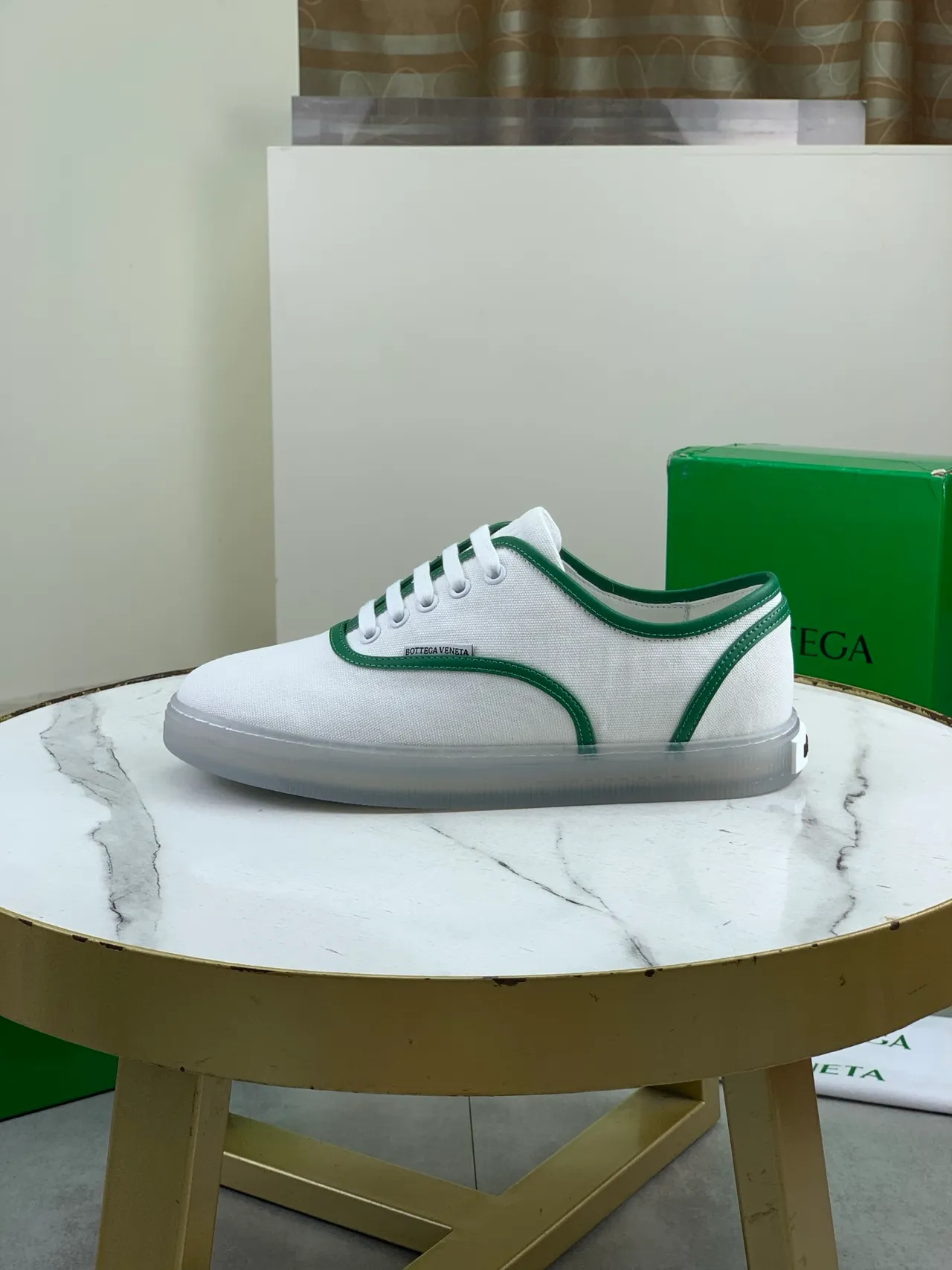 Bottega Veneta White Green Upper Contrast Piping Canvas Shoes 6