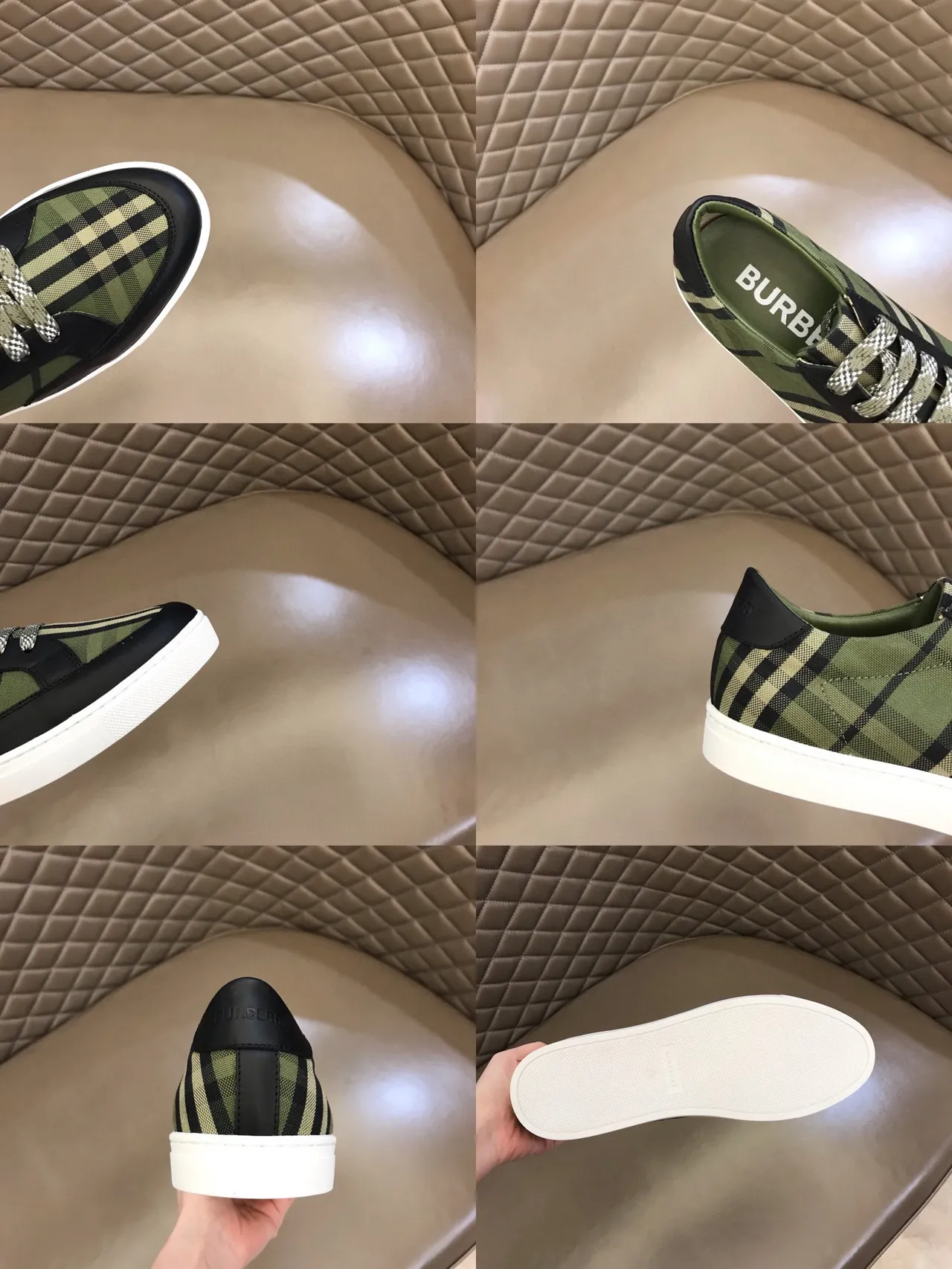 Burberry أخضر الجيش أسود شيك المنزل قماش أعلى جلد كاب الإصبع أحذية أسلوب الحياة 2