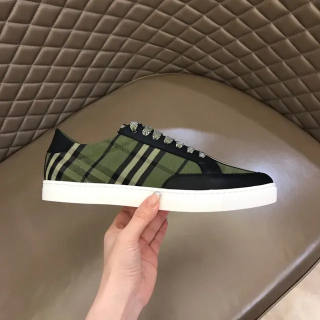 Burberry أخضر الجيش أسود شيك المنزل قماش أعلى جلد كاب الإصبع أحذية أسلوب الحياة 4