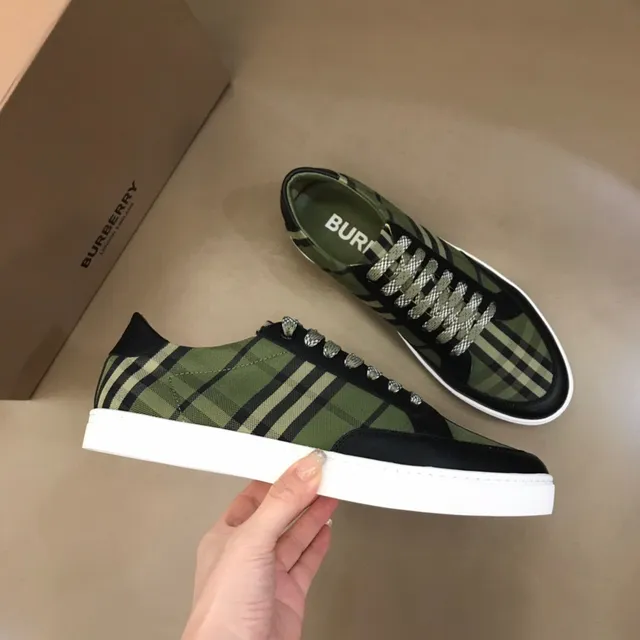 Burberry أخضر الجيش أسود شيك المنزل قماش أعلى جلد كاب الإصبع أحذية أسلوب الحياة 5