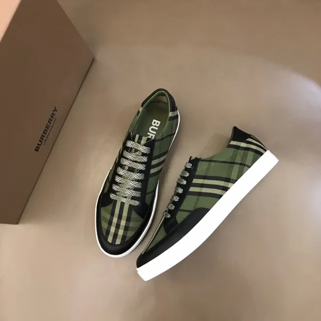 Burberry أخضر الجيش أسود شيك المنزل قماش أعلى جلد كاب الإصبع أحذية أسلوب الحياة 6
