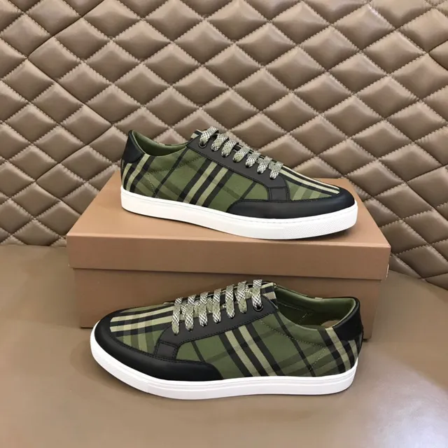 Burberry أخضر الجيش أسود شيك المنزل قماش أعلى جلد كاب الإصبع أحذية أسلوب الحياة 7