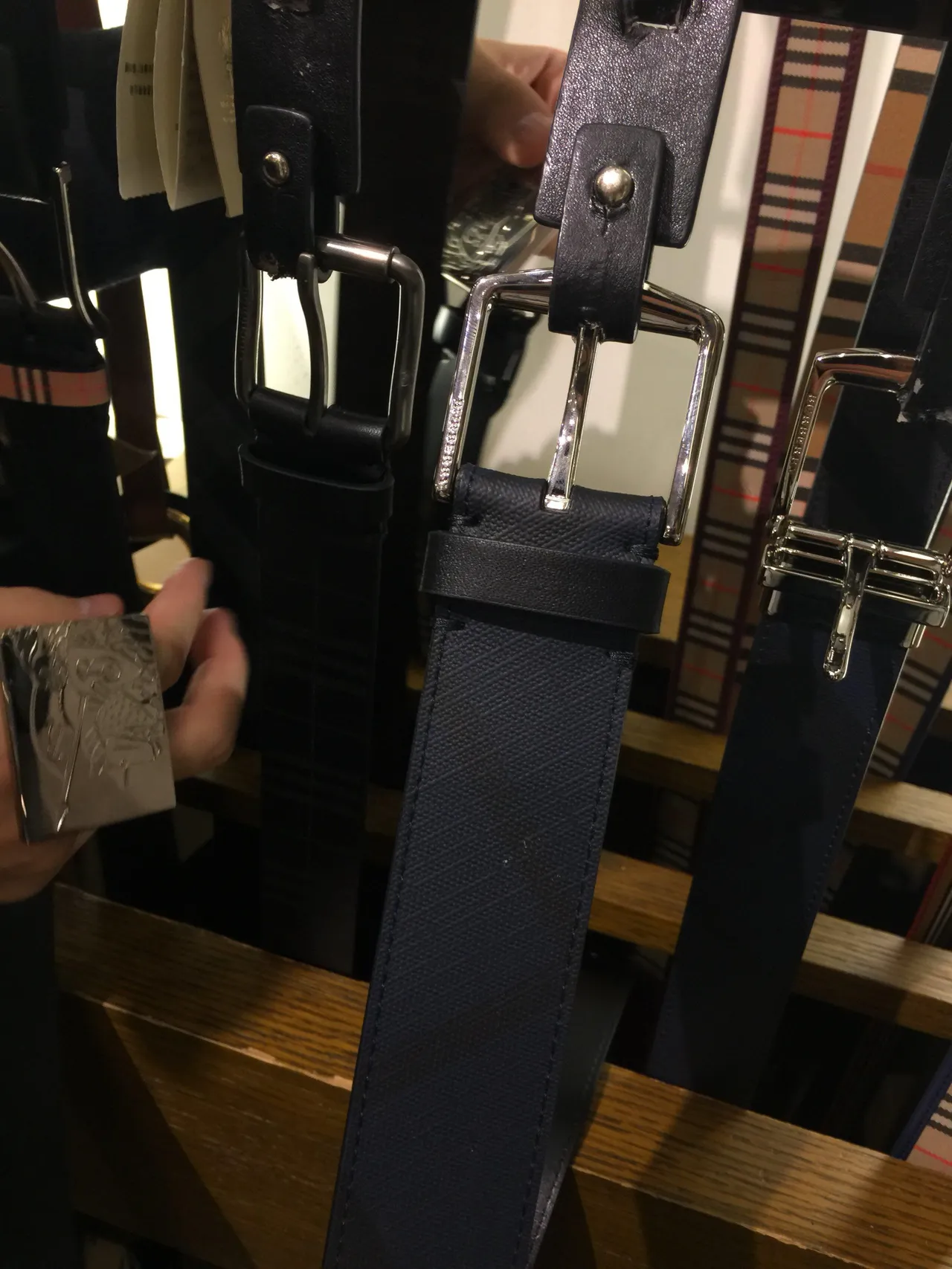 Burberry Black Navy Woven Check Fabric Rectangular Metal Buckle Leather Belt 2
