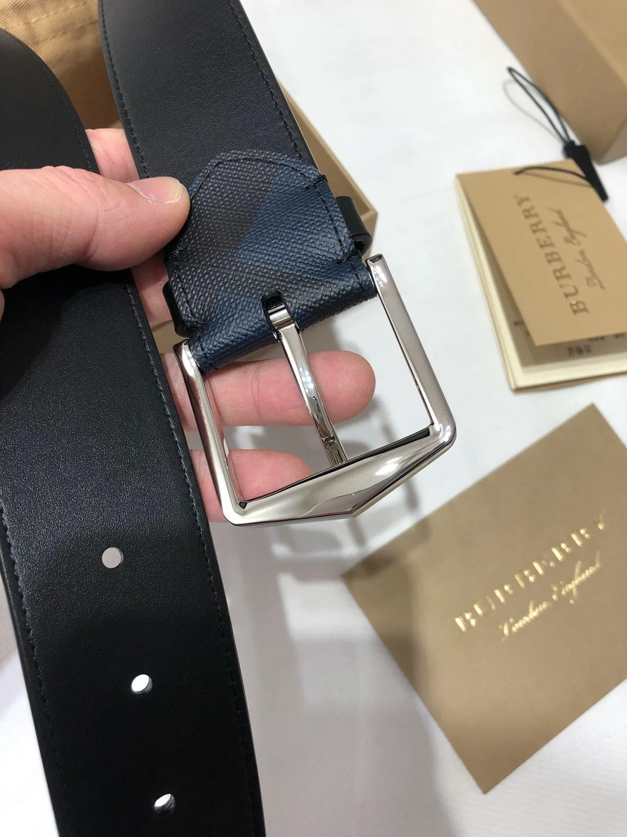 Burberry Black Navy Woven Check Fabric Rectangular Metal Buckle Leather Belt 3