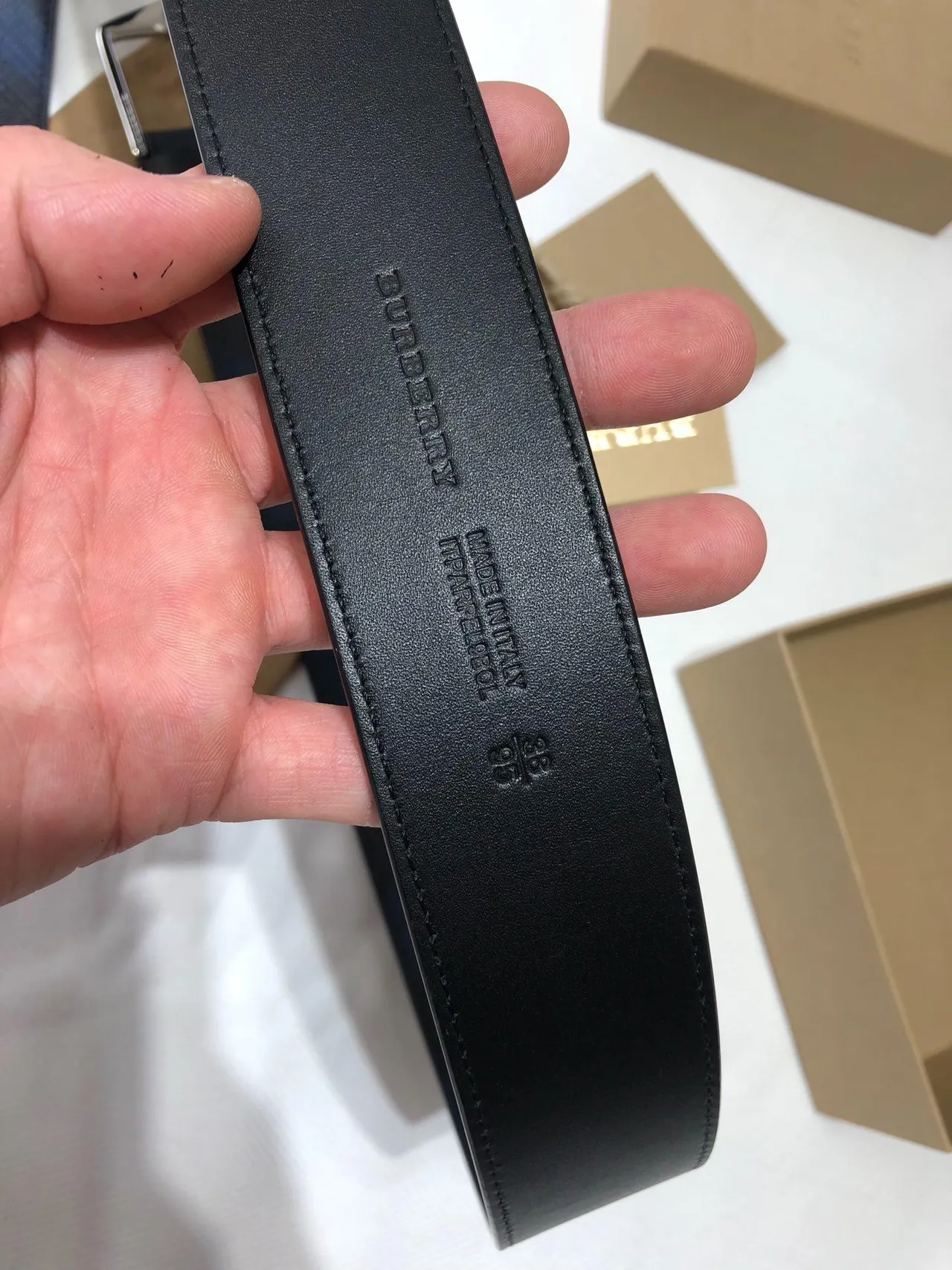 Burberry Black Navy Woven Check Fabric Rectangular Metal Buckle Leather Belt 4